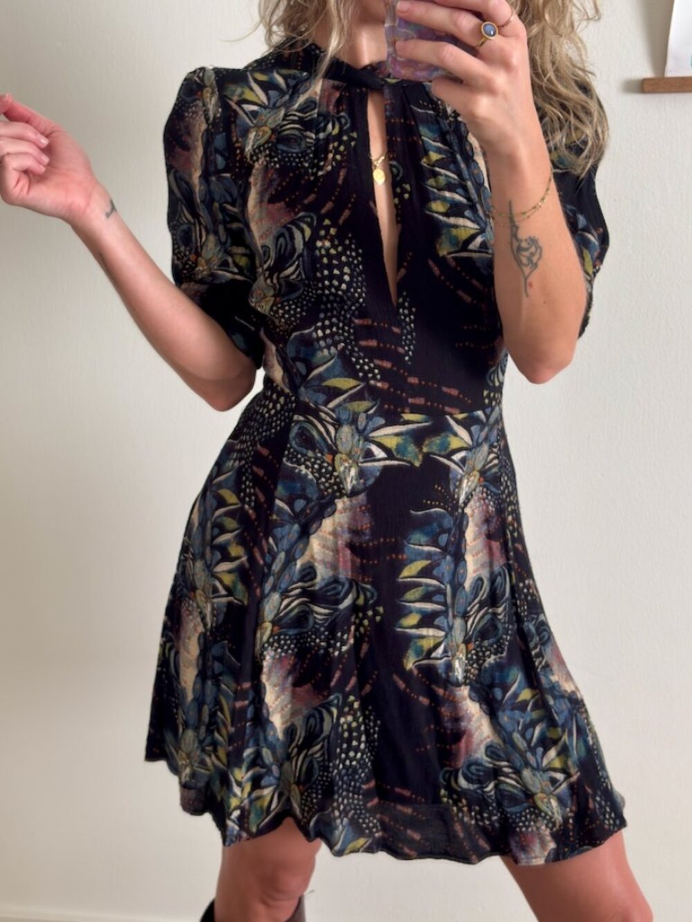 Free People Glasgow Mini Dress Black Geo Print Boho XS (Size 2)